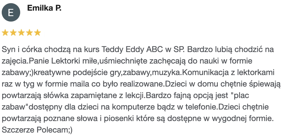 Wybrana 5-gwiazdkowa opinia rodzica o Gerlang w Google
