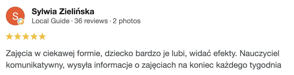 Wybrana 5-gwiazdkowa opinia rodzica o Gerlang w Google