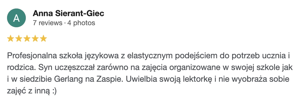Wybrana 5-gwiazdkowa opinia rodzica o Gerlang w Google