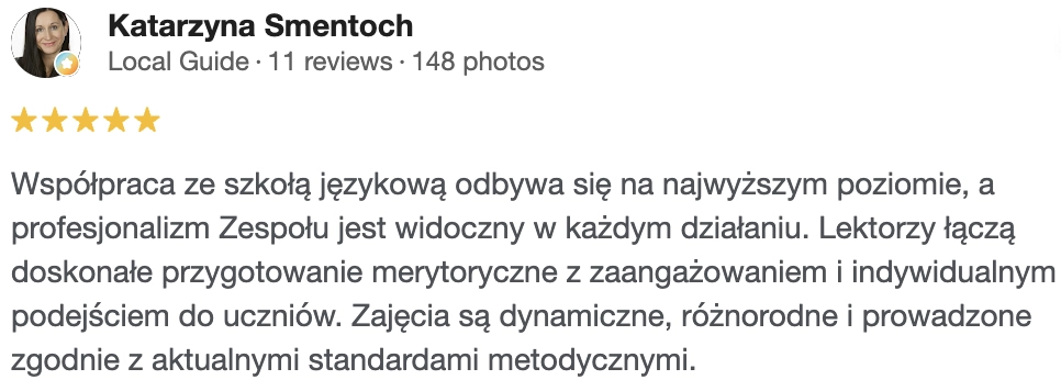Wybrana 5-gwiazdkowa opinia rodzica o Gerlang w Google