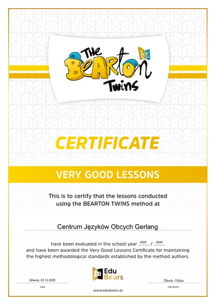 Certyfikat Very Good Lessons dla Gerlang - The Bearton Twins, 2025/2026