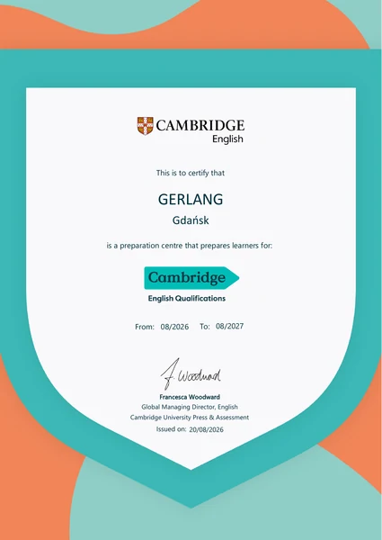 Certyfikat Cambridge English Preparation Centre dla Gerlang Gdańsk, 08/2026-08/2027