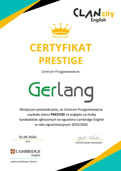 Certyfikat Prestige dla Centrum Przygotowawczego Gerlang - rok egzaminacyjny 2025/2026