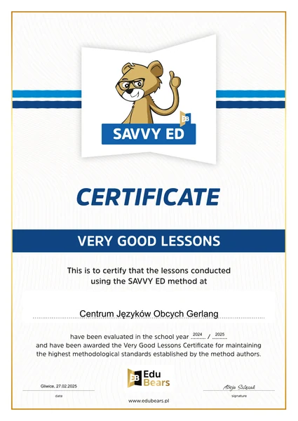 Certyfikat Very Good Lessons dla Gerlang - Savvy Ed, 2024/2025