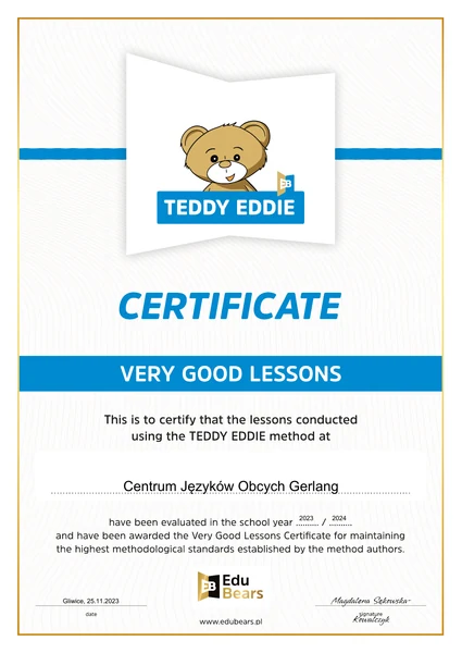 Certyfikat Very Good Lessons dla Gerlang - Teddy Eddie, 2023/2024